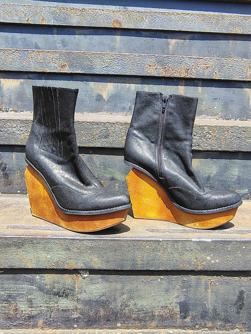 Jeffrey Campbell Brisbane Black Leather Wood Wedge Shoes Women 7 Heels Wedges